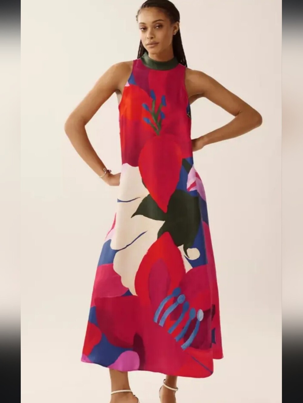 Farm Rio Floral Colorful Halter Neck Tropical Red Maxi Sun Dress Size Small